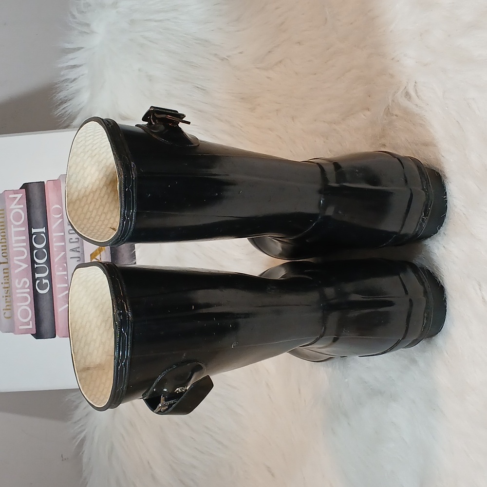 Hunters Original Short Black Gloss Boots  Women's Sz 7 - Picture 2 of 8